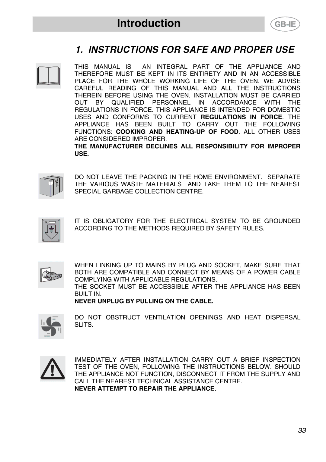 Smeg SC166PZ manual Introduction, Instructions for Safe and Proper USE 