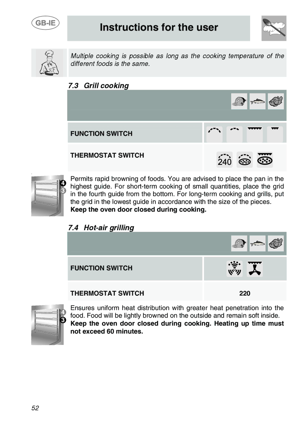 Smeg SC166PZ manual Grill cooking, Hot-air grilling, Keep the oven door closed during cooking, 220 