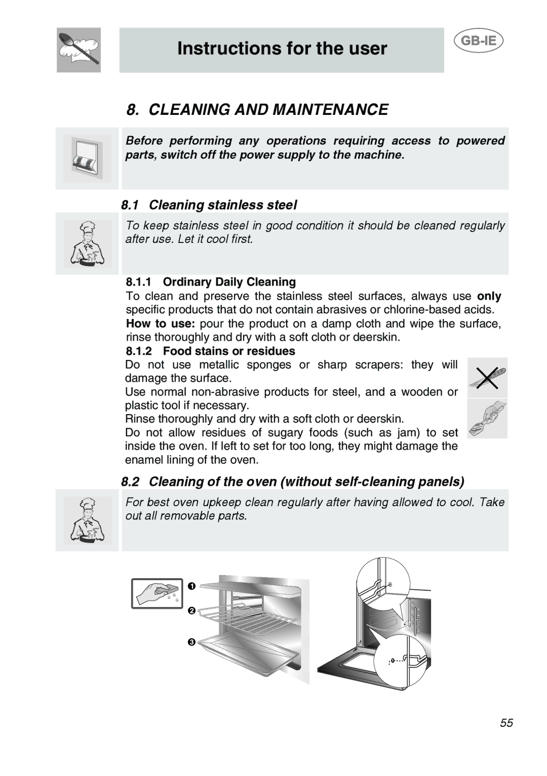 Smeg SC166PZ manual Cleaning and Maintenance, Cleaning stainless steel, Cleaning of the oven without self-cleaning panels 