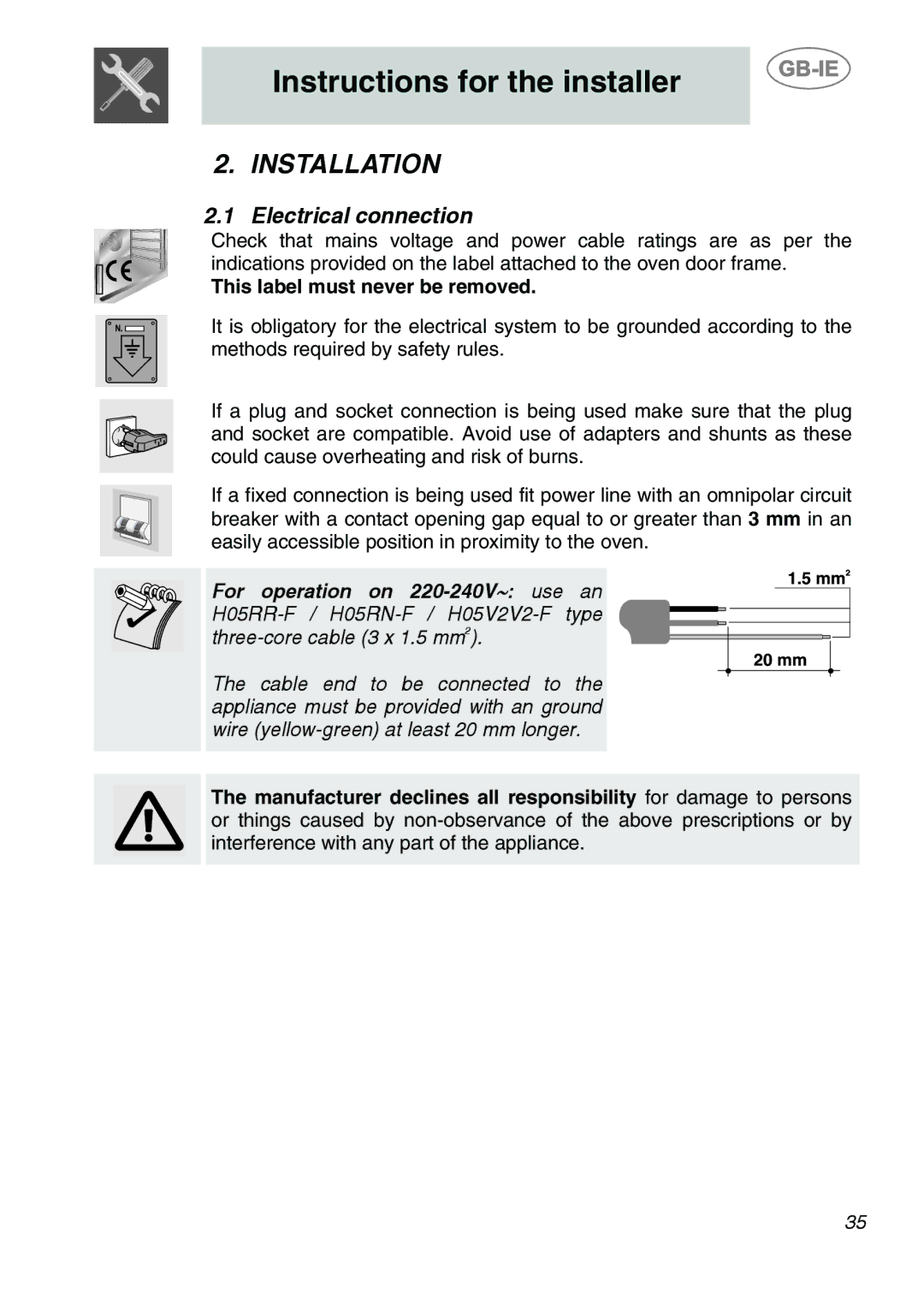 Smeg SC166PZ manual Installation, Electrical connection, This label must never be removed 