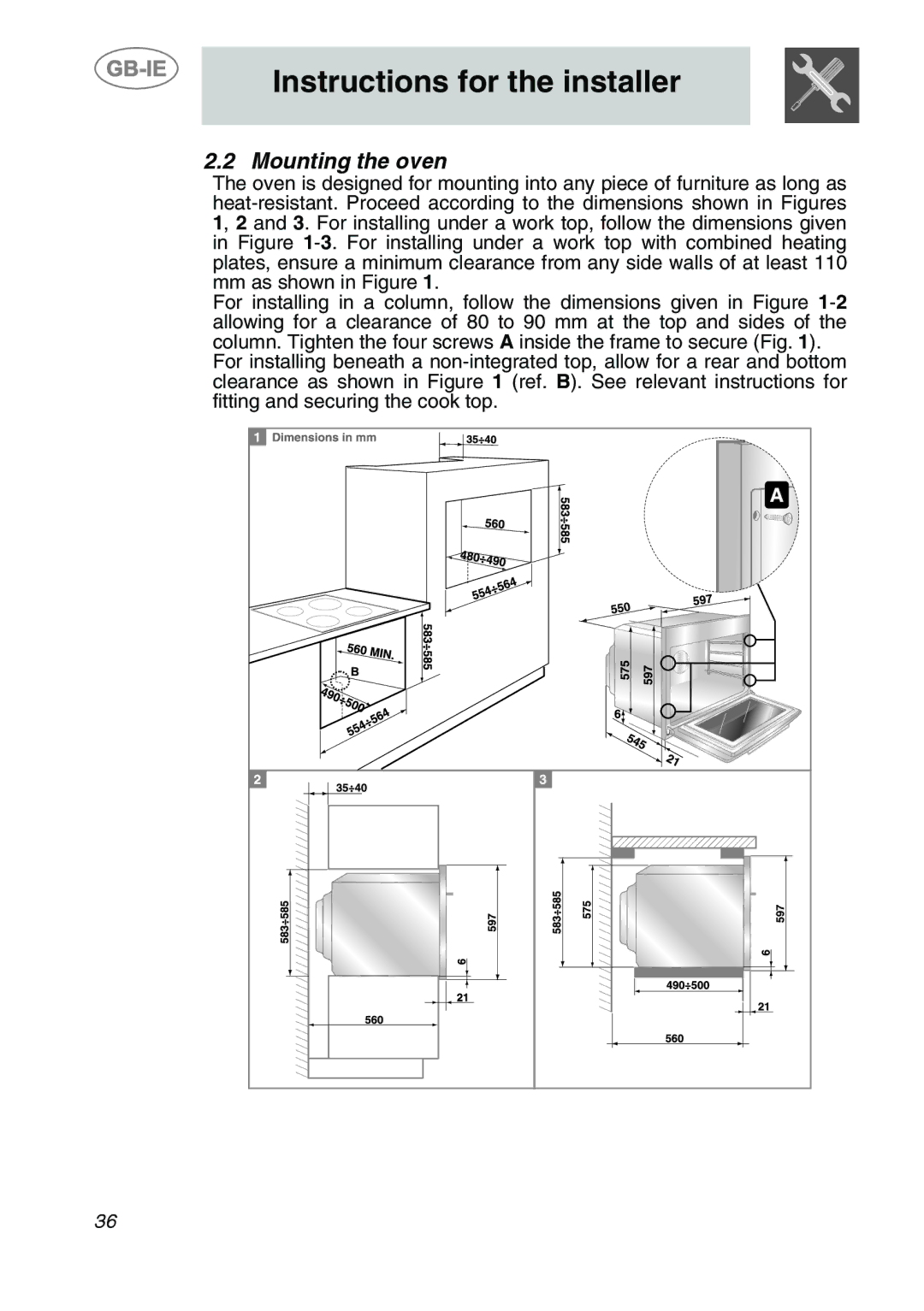 Smeg SC166PZ manual Mounting the oven 