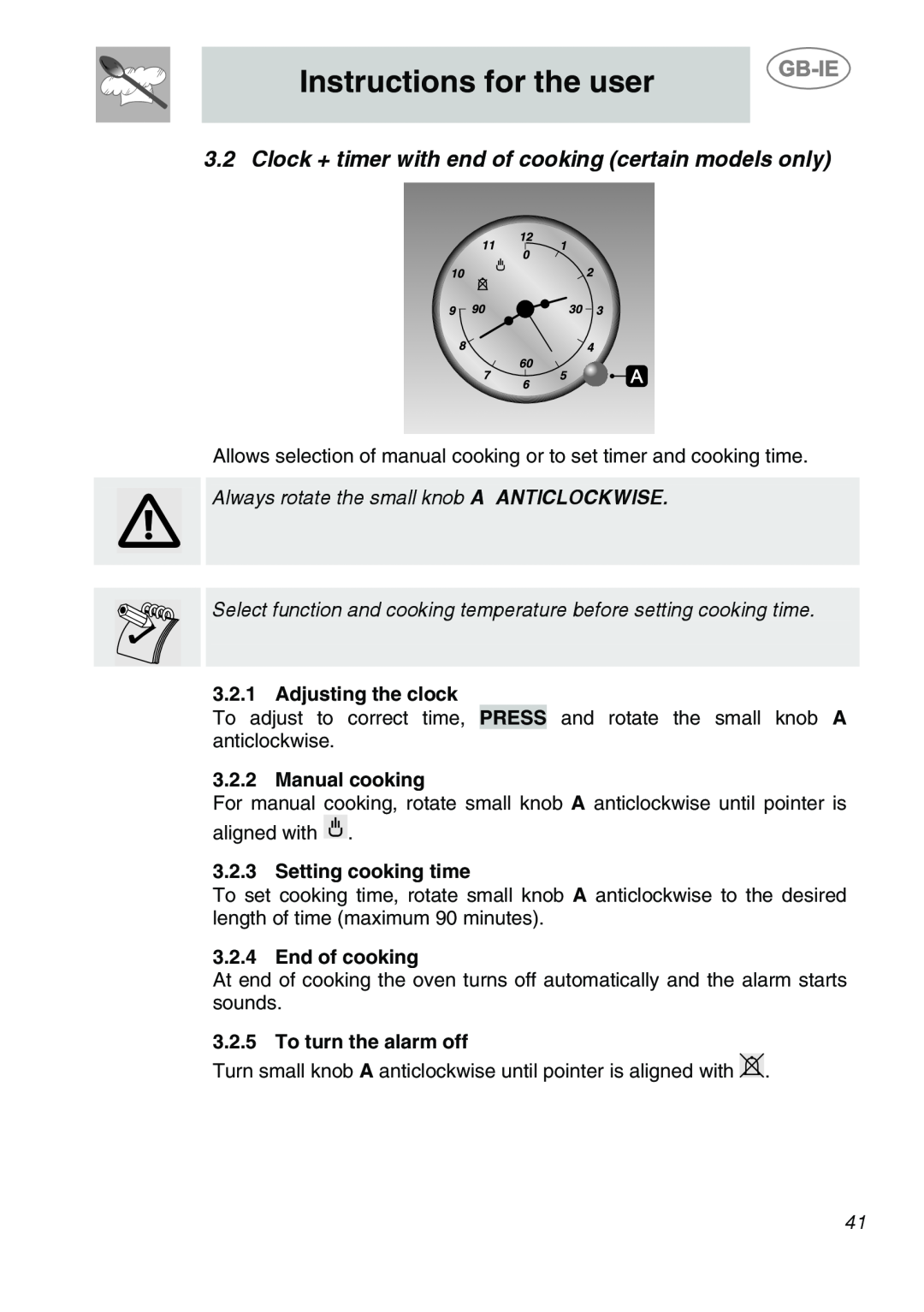 Smeg SC166PZ manual Clock + timer with end of cooking certain models only, Instructions for the user, Adjusting the clock 
