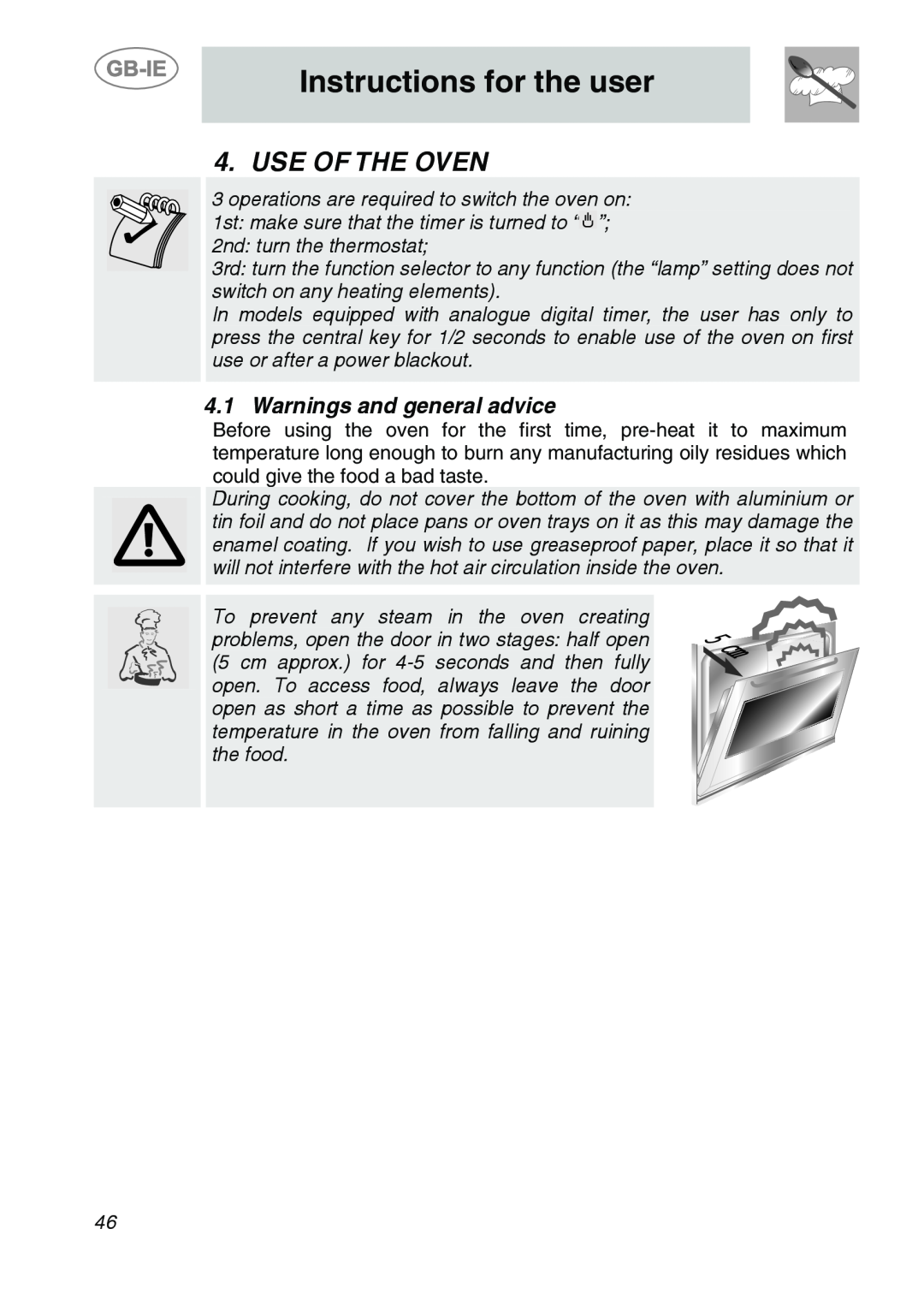 Smeg SC166PZ manual Use Of The Oven, Warnings and general advice, Instructions for the user 
