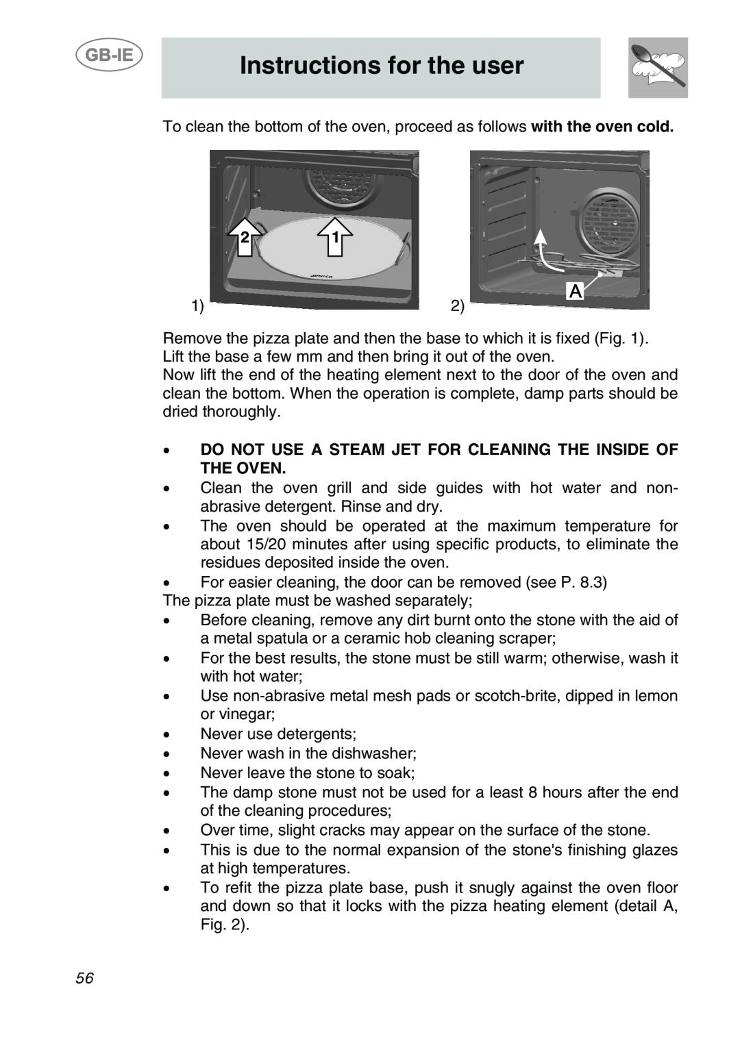 Smeg SC166PZ manual Instructions for the user, Do Not Use A Steam Jet For Cleaning The Inside Of The Oven 