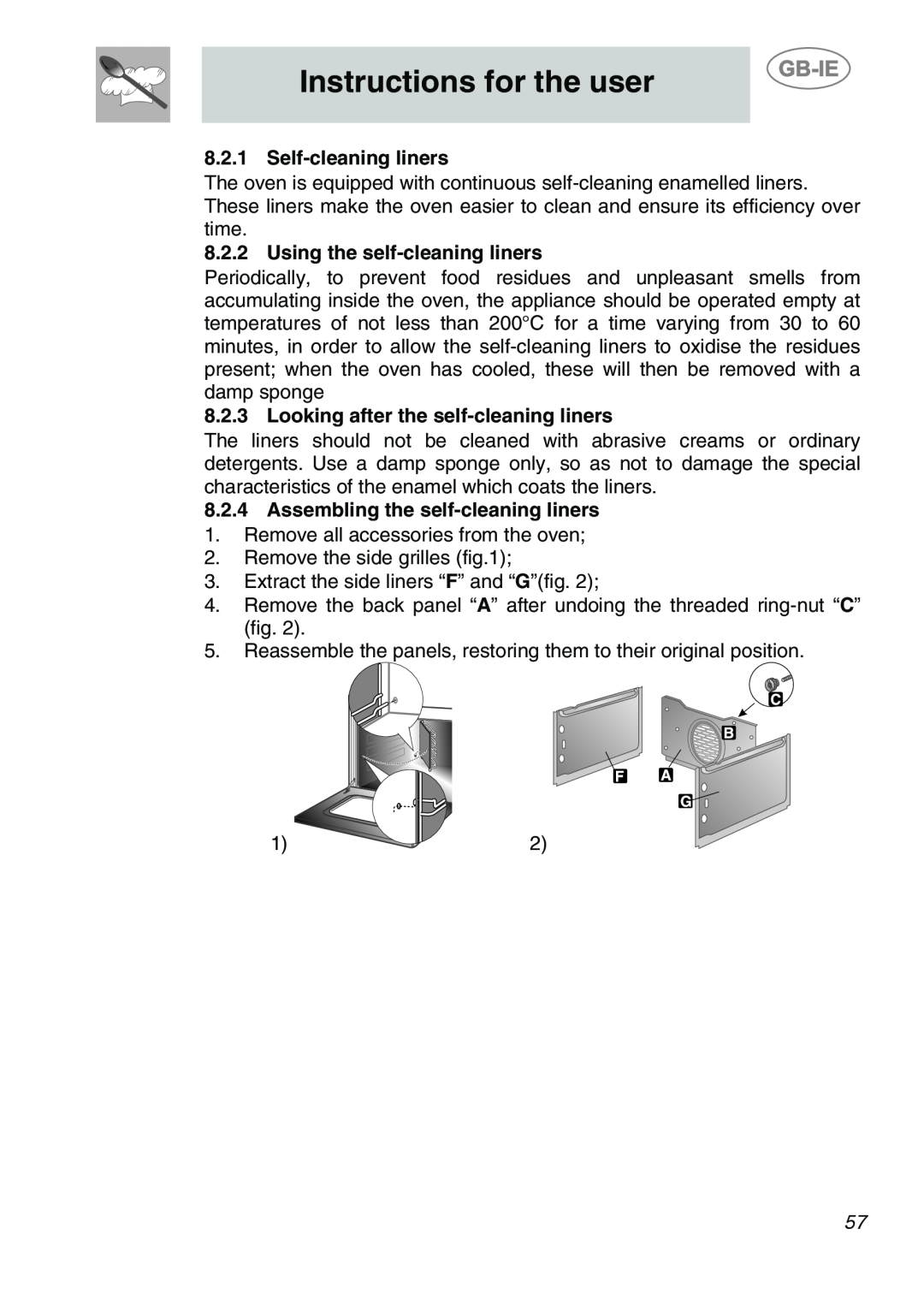 Smeg SC166PZ manual Instructions for the user, Self-cleaning liners, Using the self-cleaning liners 