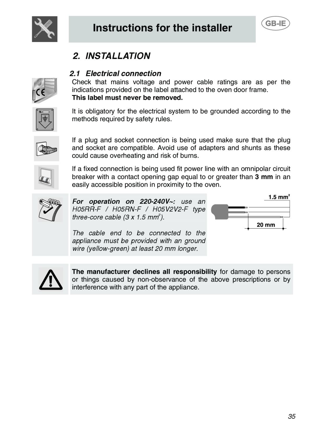 Smeg SC166PZ manual Instructions for the installer, Installation, Electrical connection, This label must never be removed 