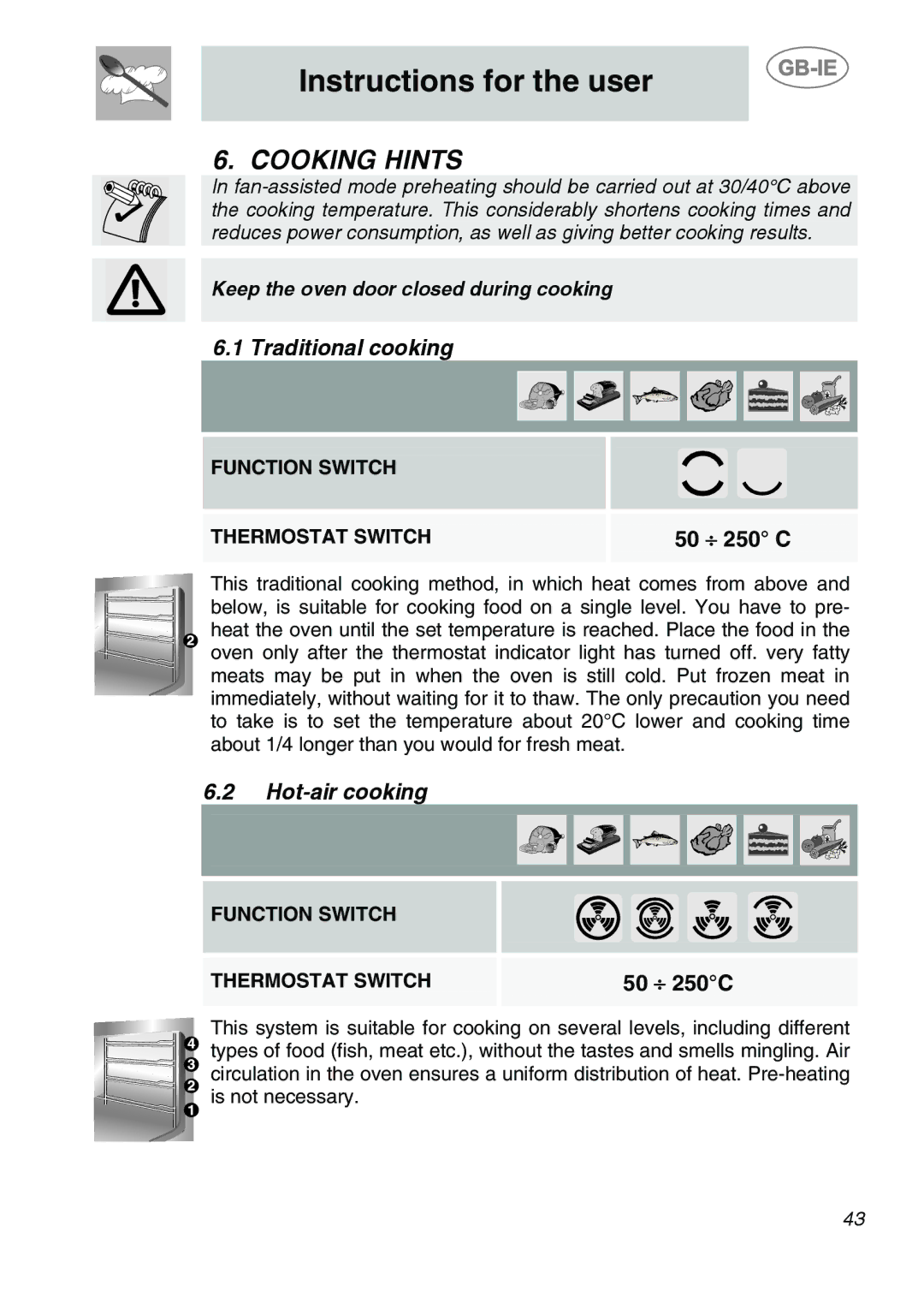 Smeg SC170 manual Cooking Hints, Traditional cooking, Hot-air cooking 