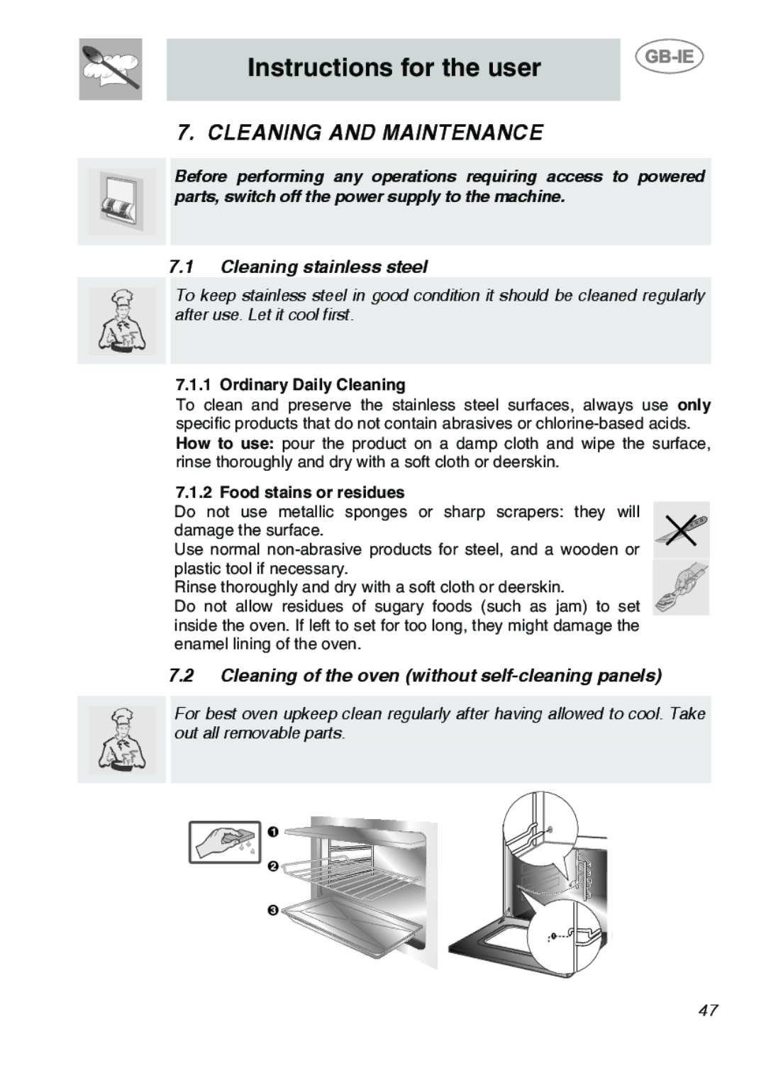 Smeg SC170 manual Cleaning and Maintenance, Cleaning stainless steel, Cleaning of the oven without self-cleaning panels 