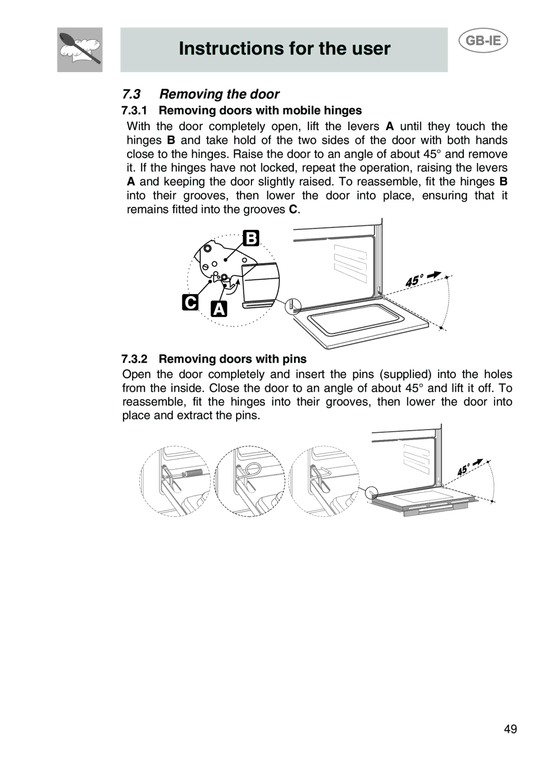 Smeg SC170 manual Removing the door, Removing doors with mobile hinges, Removing doors with pins 