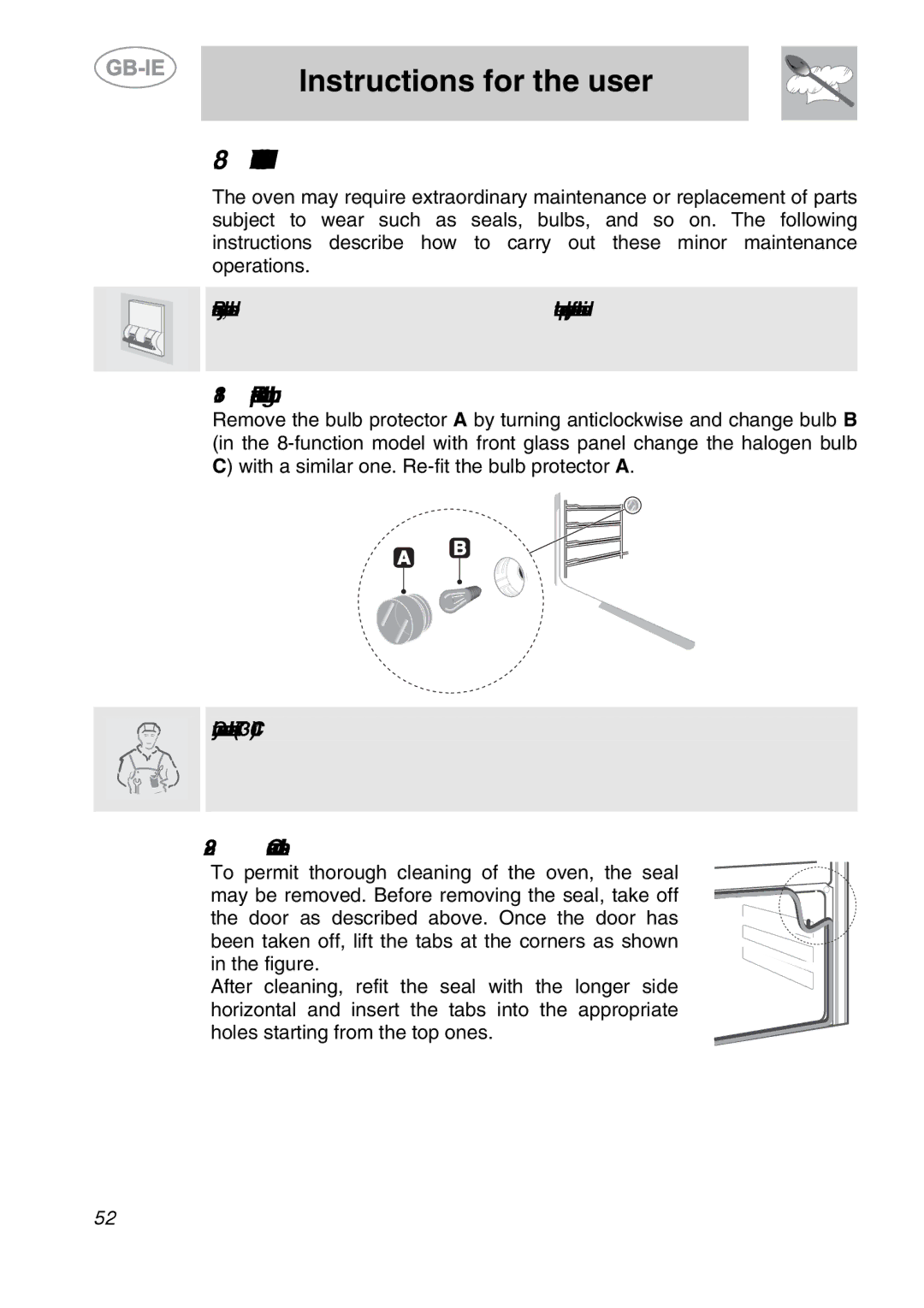 Smeg SC170 manual Extraordinary Maintenance, Replacement of light bulb, Oven door seal 