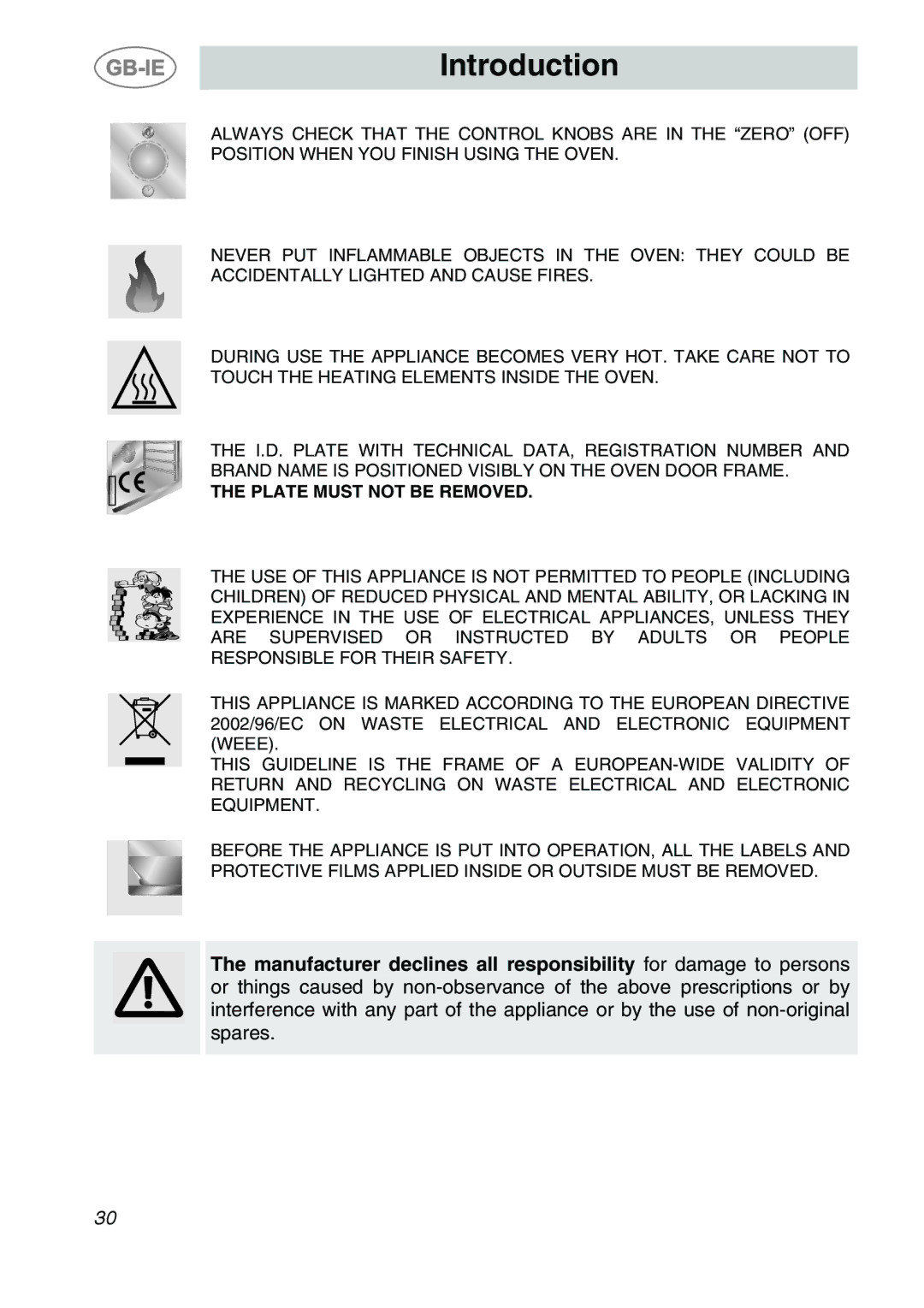 Smeg SC170 manual Plate Must not be Removed 