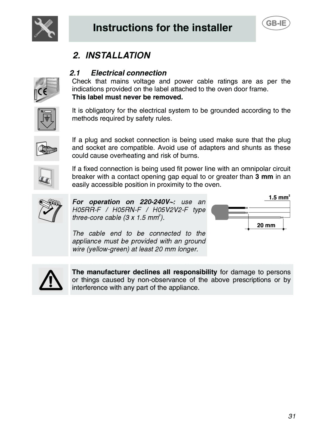 Smeg SC170 manual Installation, Electrical connection, This label must never be removed 