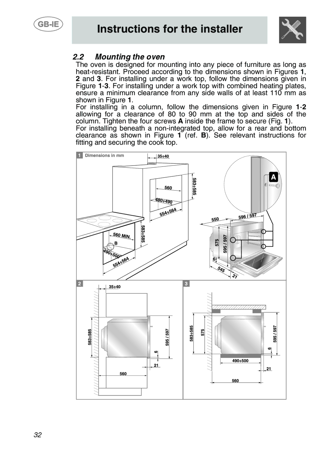 Smeg SC170 manual Mounting the oven 