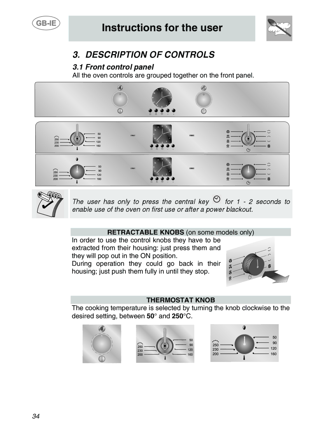 Smeg SC170 manual Description of Controls, Front control panel 