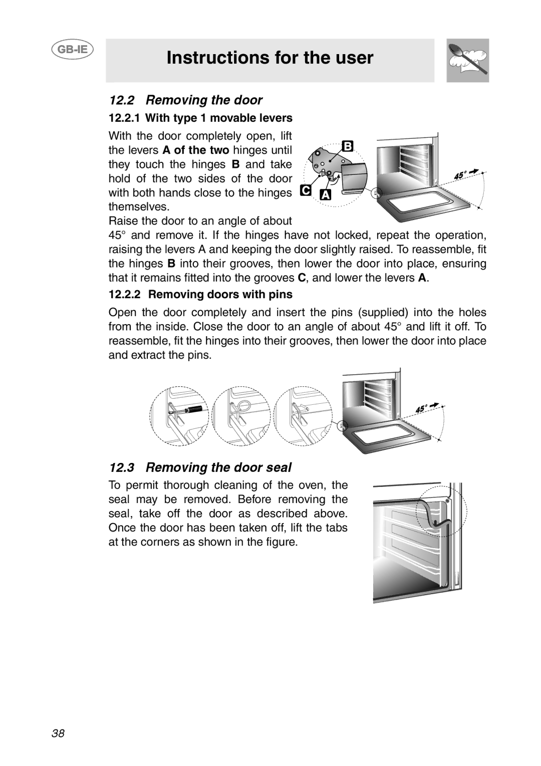 Smeg SC321N, SC321X manual Removing the door seal, Removing the door 12.2.1 With type 1 movable levers 