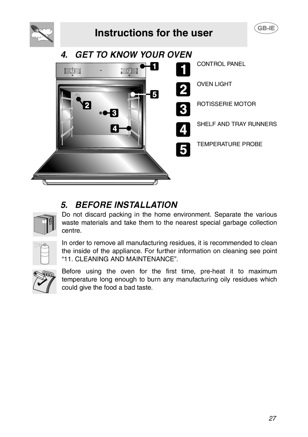 Smeg SC321X, SC321N manual Instructions for the user, GET to Know Your Oven, Before Installation 