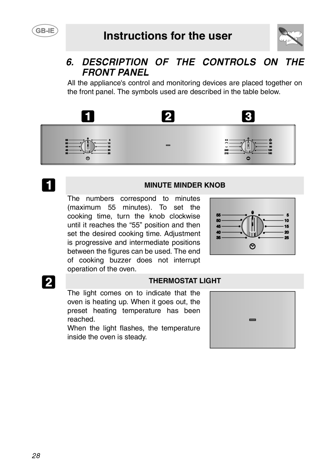 Smeg SC321N, SC321X manual Description of the Controls on the Front Panel, Minute Minder Knob, Thermostat Light 