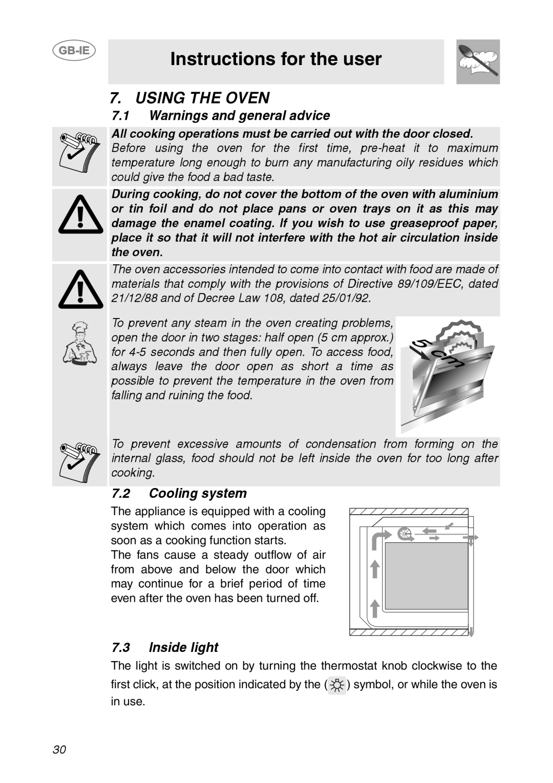 Smeg SC321N, SC321X manual Using the Oven, Cooling system, Inside light 