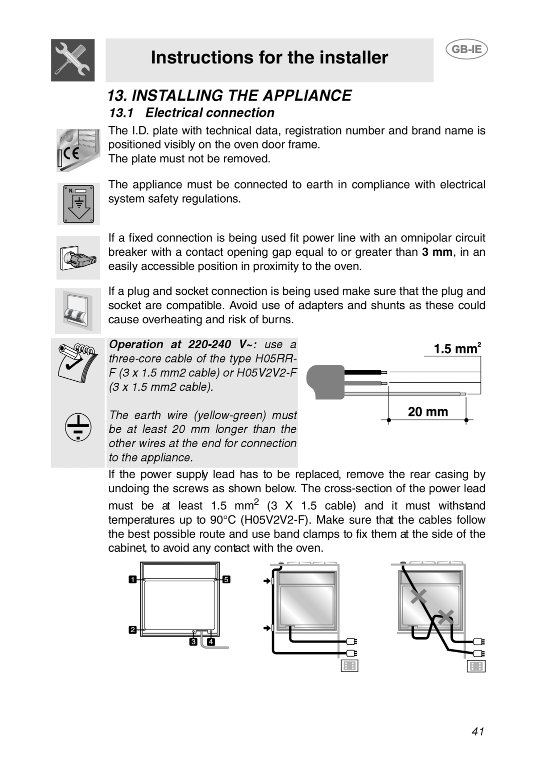 Smeg SC321X, SC321N manual Instructions for the installer, Installing The Appliance, 13.1Electrical connection 