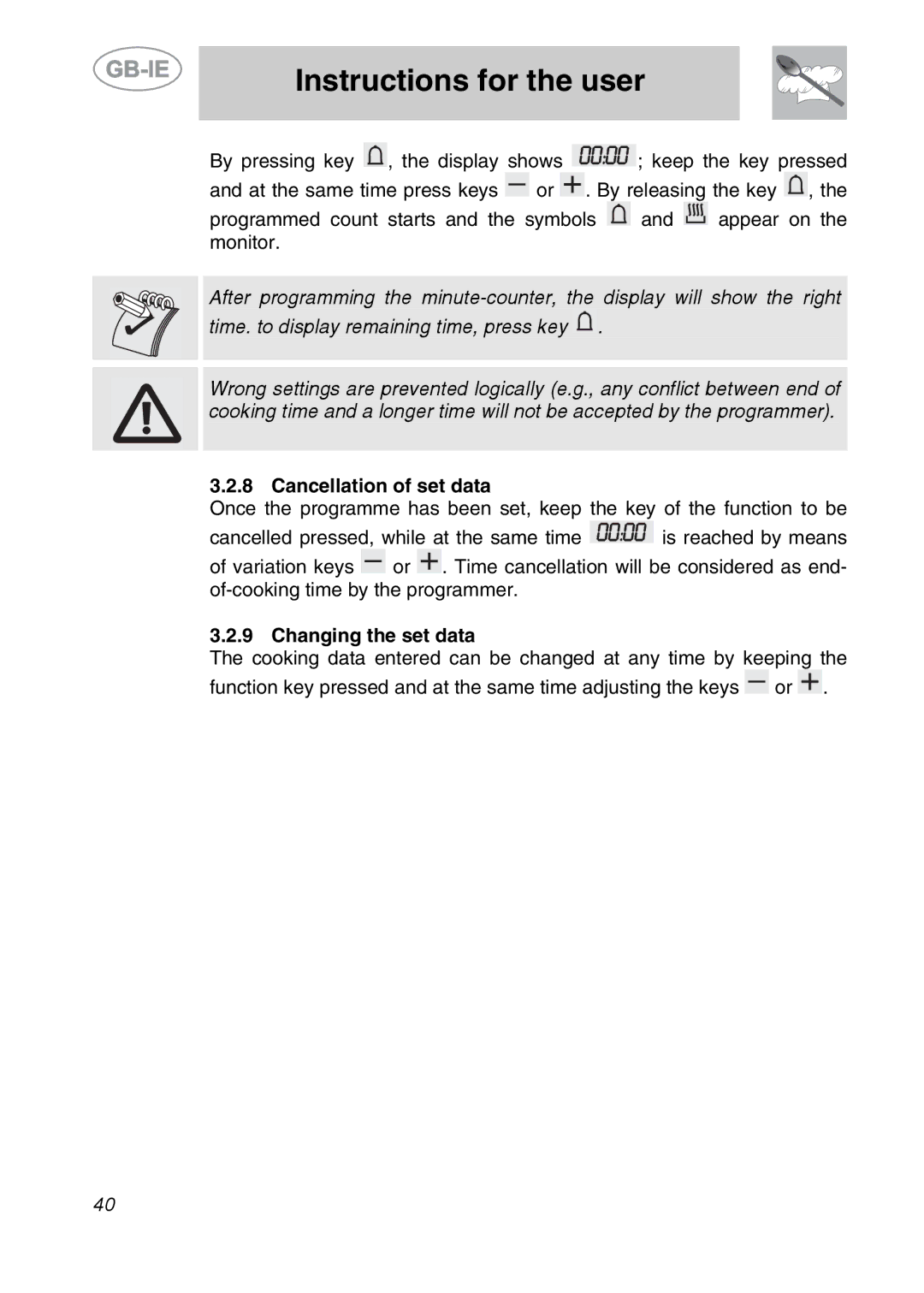 Smeg SC361X manual Cancellation of set data, Changing the set data 