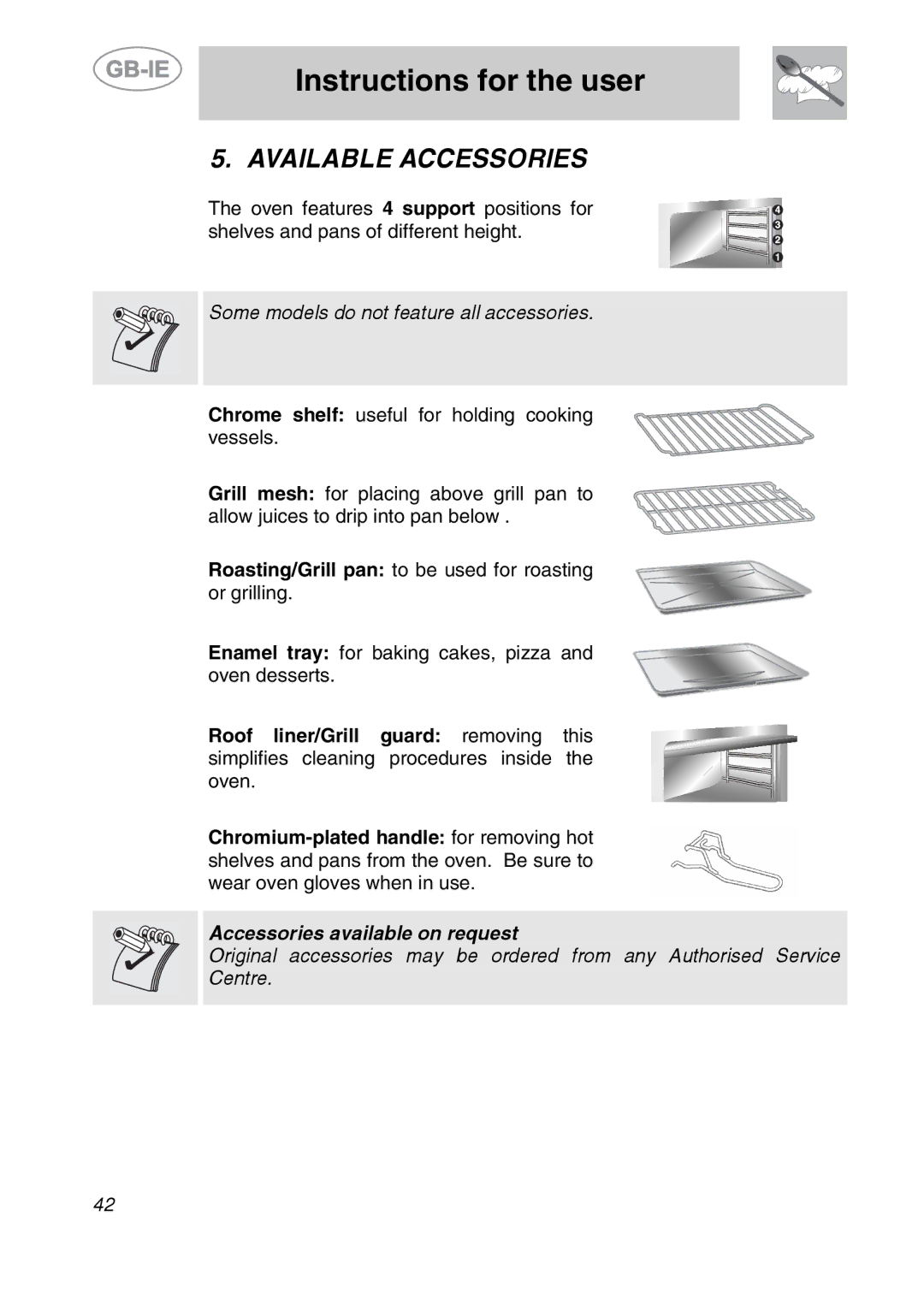 Smeg SC361X manual Available Accessories, Some models do not feature all accessories 