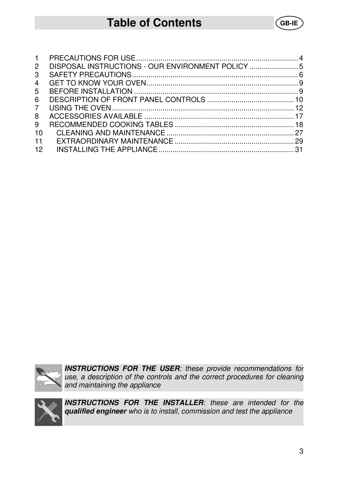 Smeg SC45M manual Table of Contents 