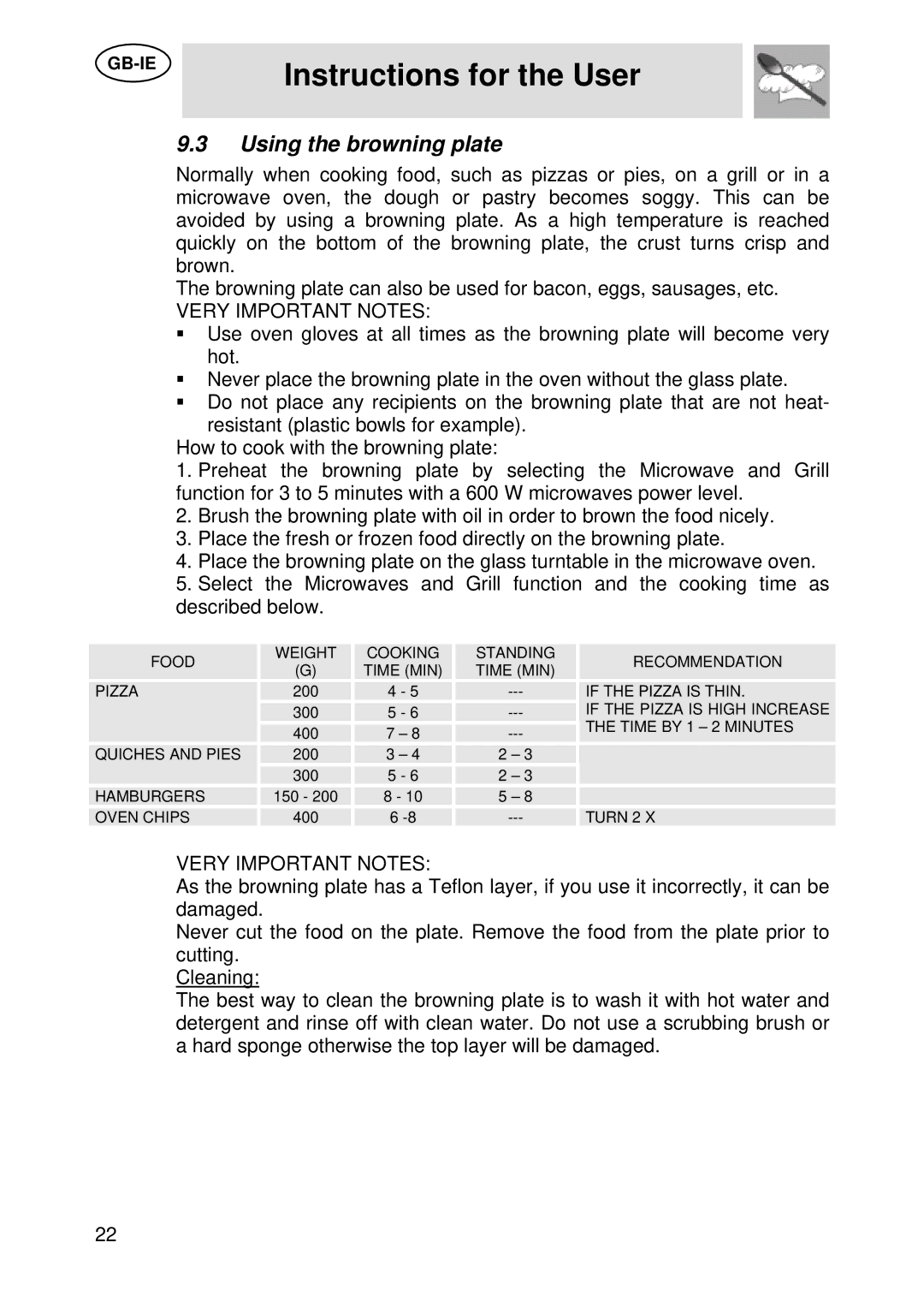 Smeg SC45M manual Using the browning plate, Very Important Notes 