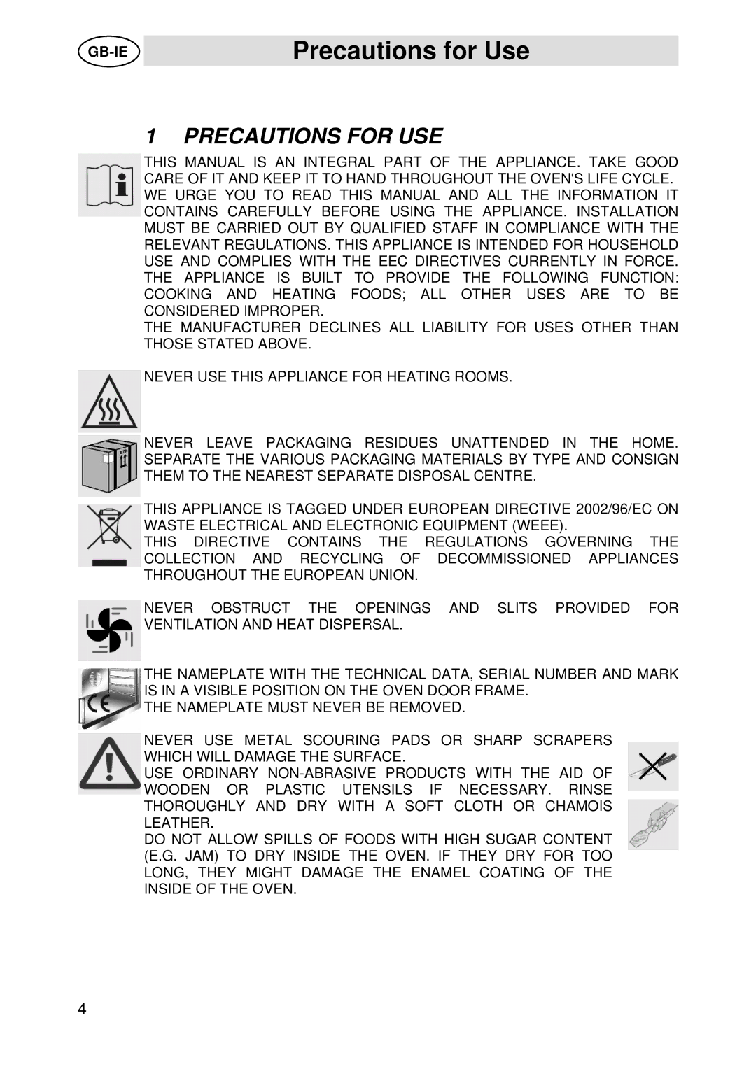 Smeg SC45M manual Precautions for Use, Precautions for USE 