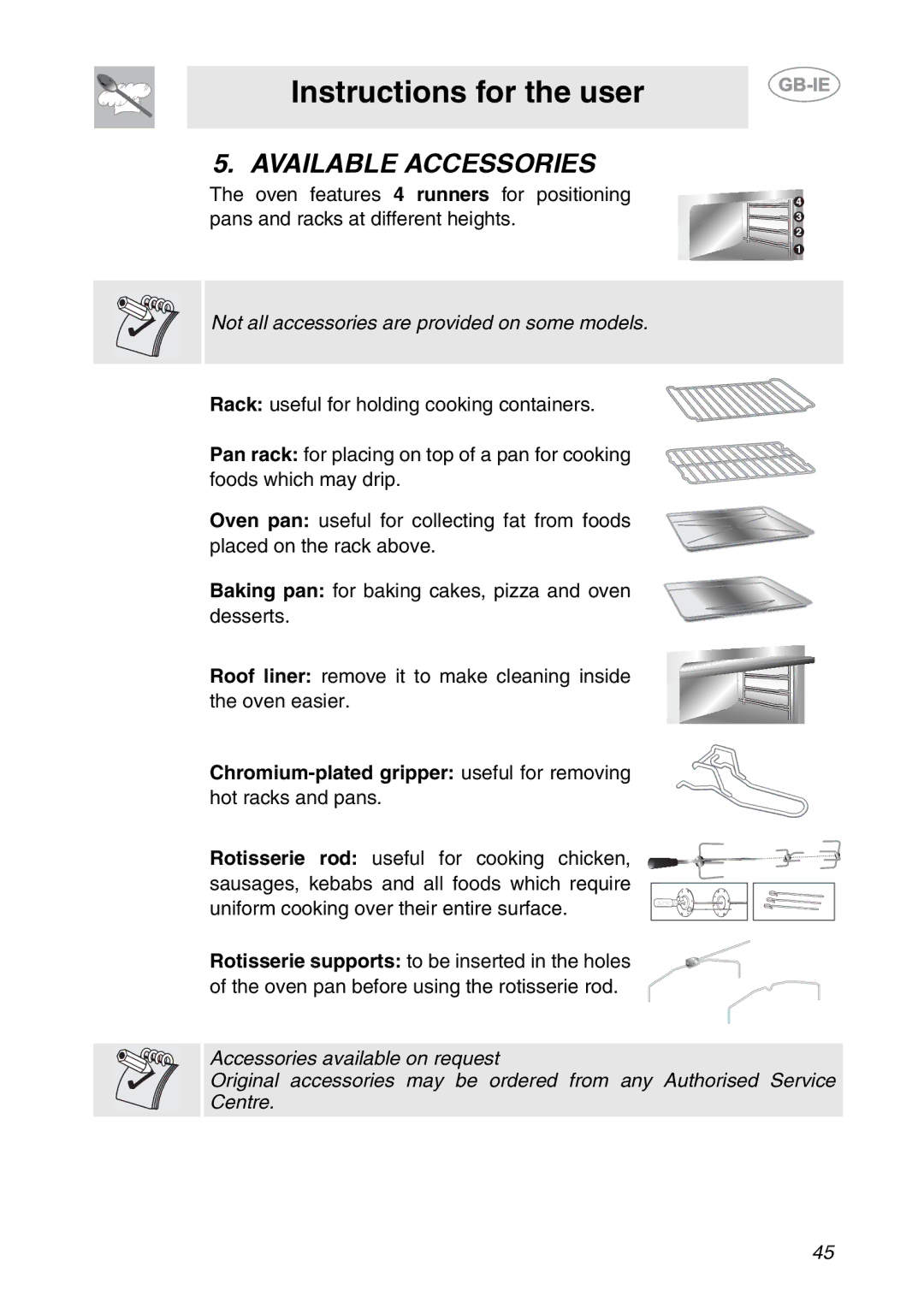 Smeg SC709X manual Available Accessories, Not all accessories are provided on some models 