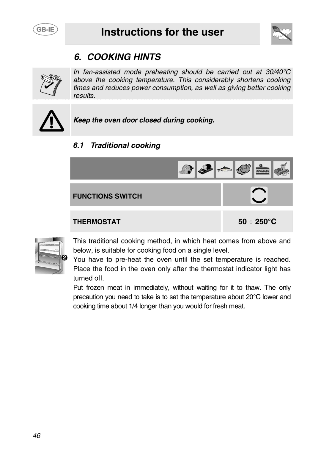 Smeg SC709X manual Cooking Hints, Traditional cooking, Functions Switch Thermostat 