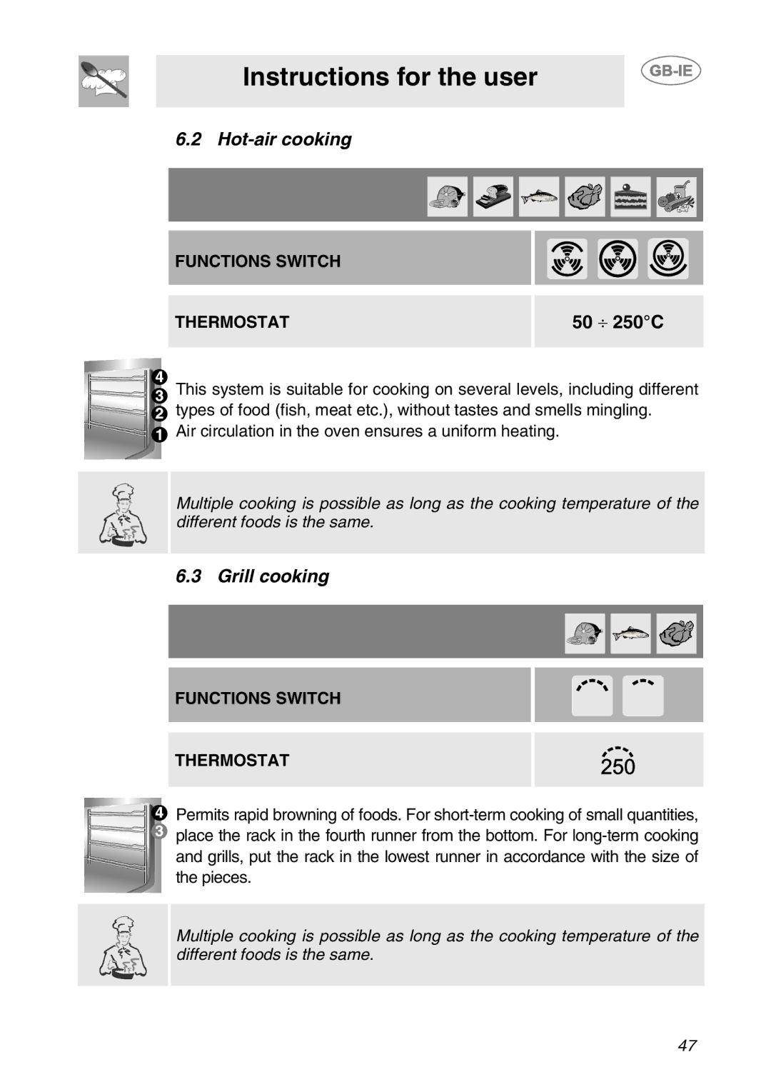 Smeg SC709X manual Hot-air cooking, Grill cooking 