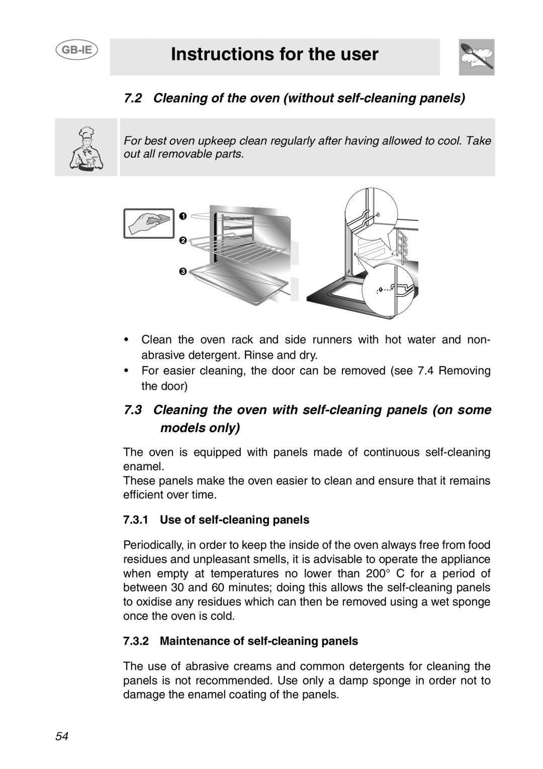 Smeg SC709X manual Cleaning of the oven without self-cleaning panels, Use of self-cleaning panels 