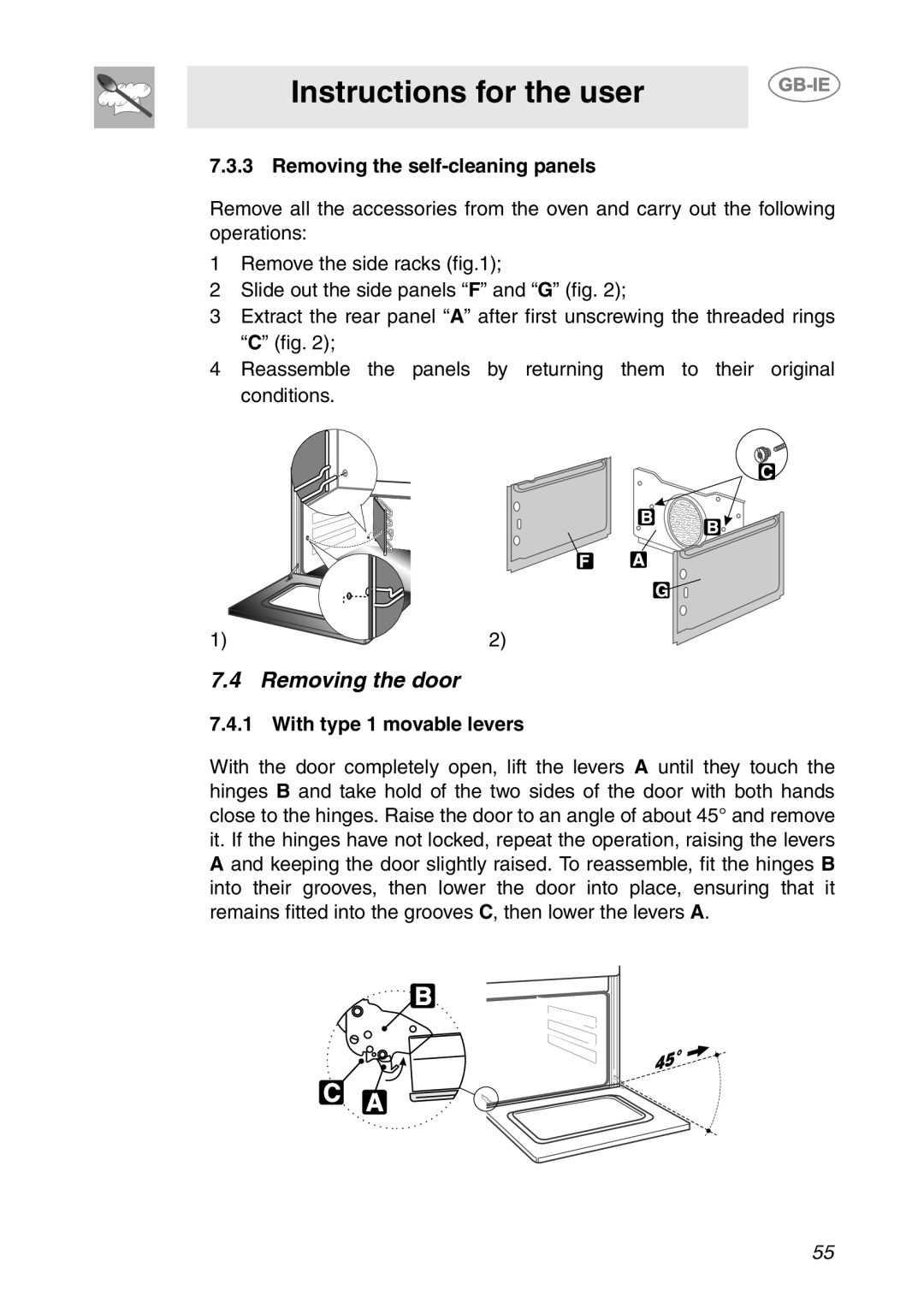 Smeg SC709X manual Removing the door, Removing the self-cleaning panels, With type 1 movable levers 