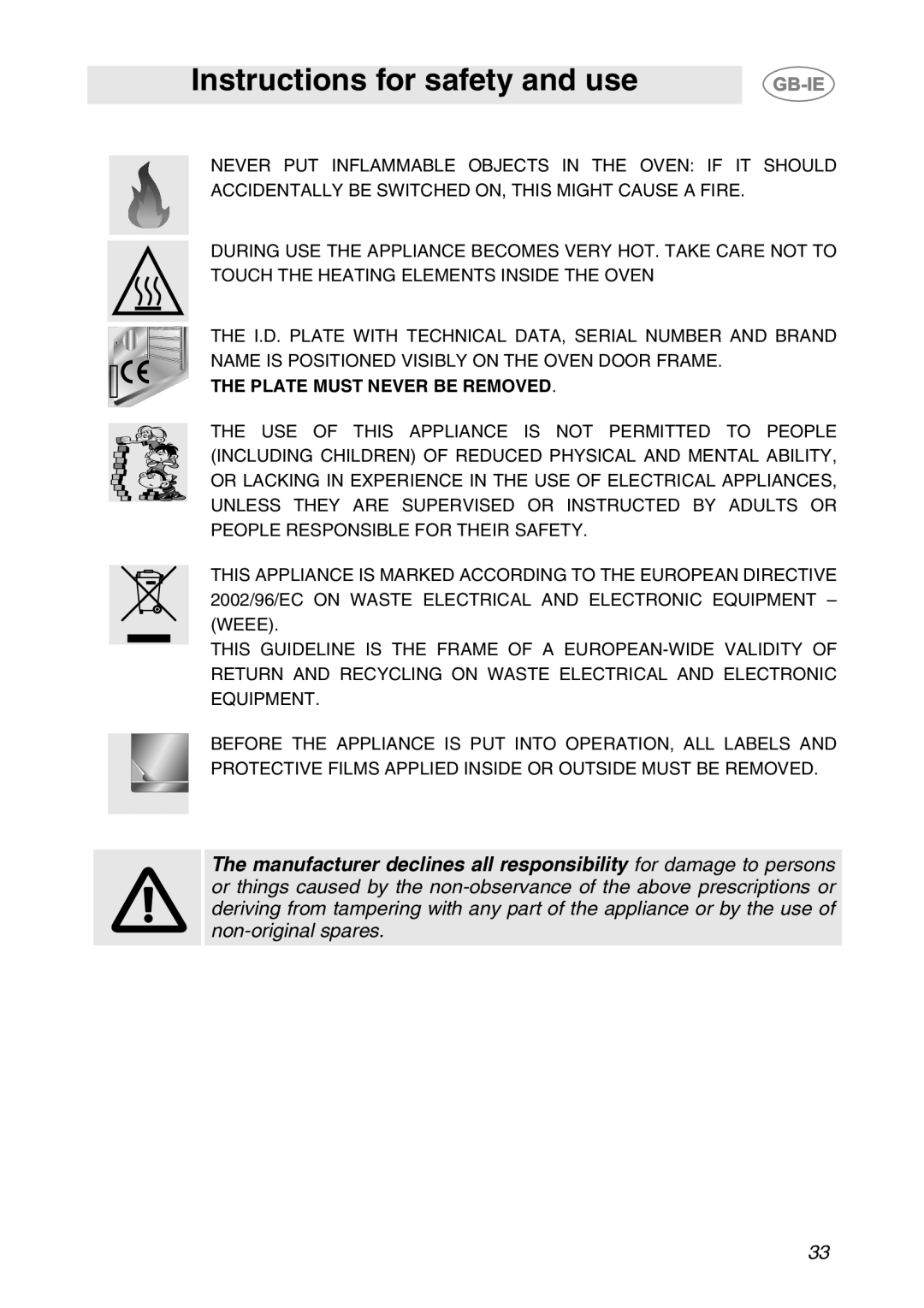 Smeg SC709X manual Plate Must Never be Removed 