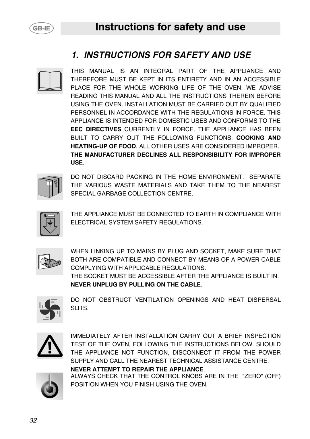 Smeg SC709X manual Instructions for safety and use, Instructions For Safety And Use, Never Unplug By Pulling On The Cable 