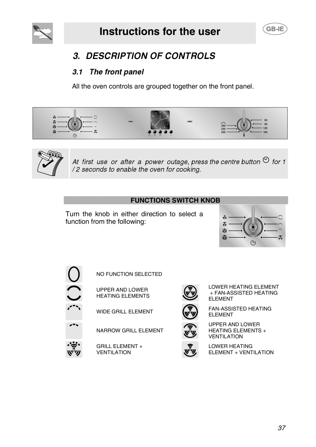 Smeg SC709X Instructions for the user, Description Of Controls, The front panel, seconds to enable the oven for cooking 