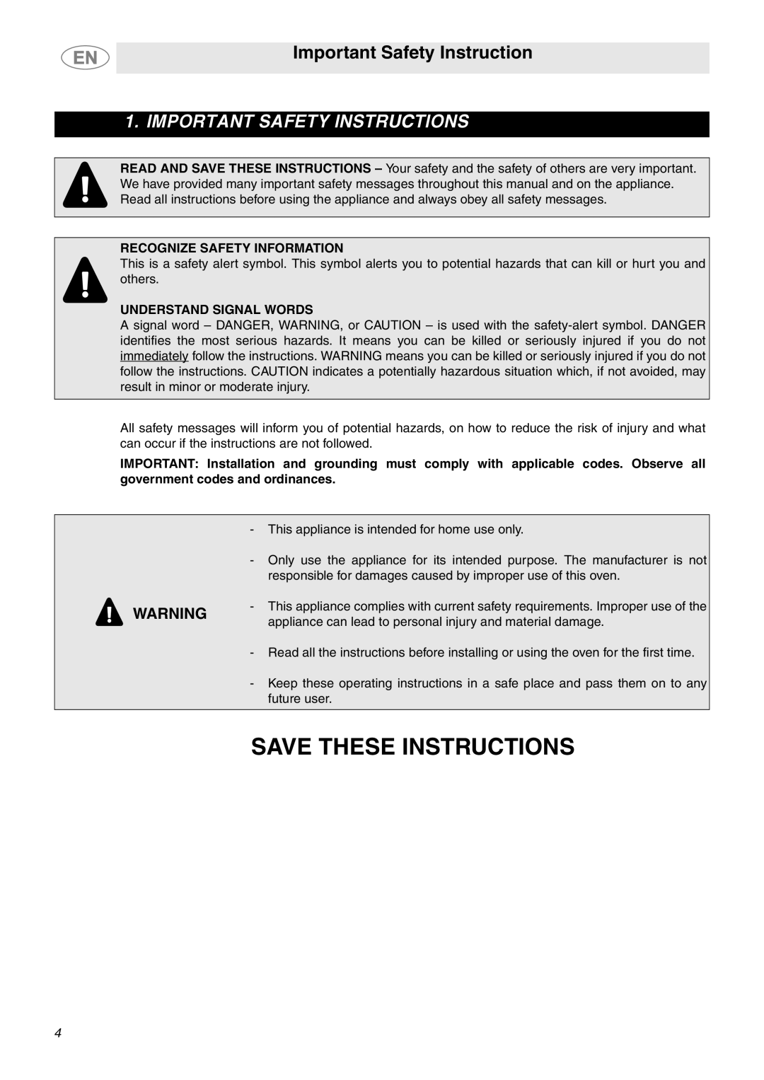 Smeg SC709XU important safety instructions Save These Instructions, Important Safety Instructions 