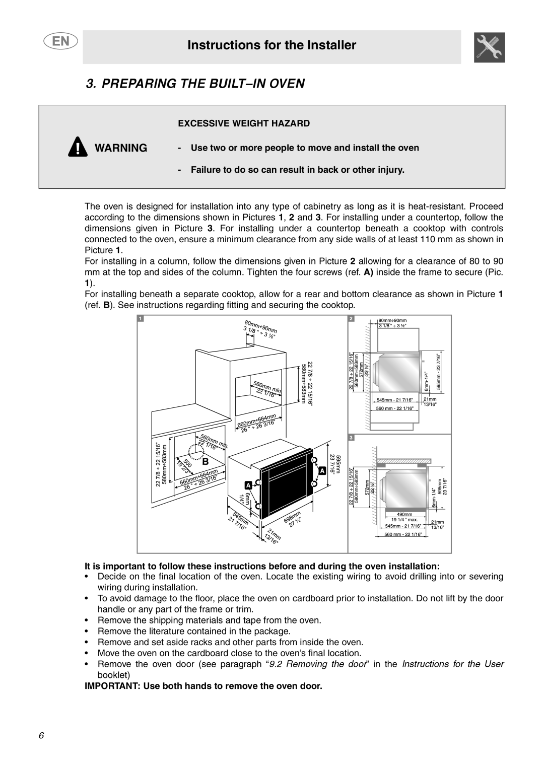 Smeg SC709XU important safety instructions Instructions for the Installer, Preparing The Built-Inoven 