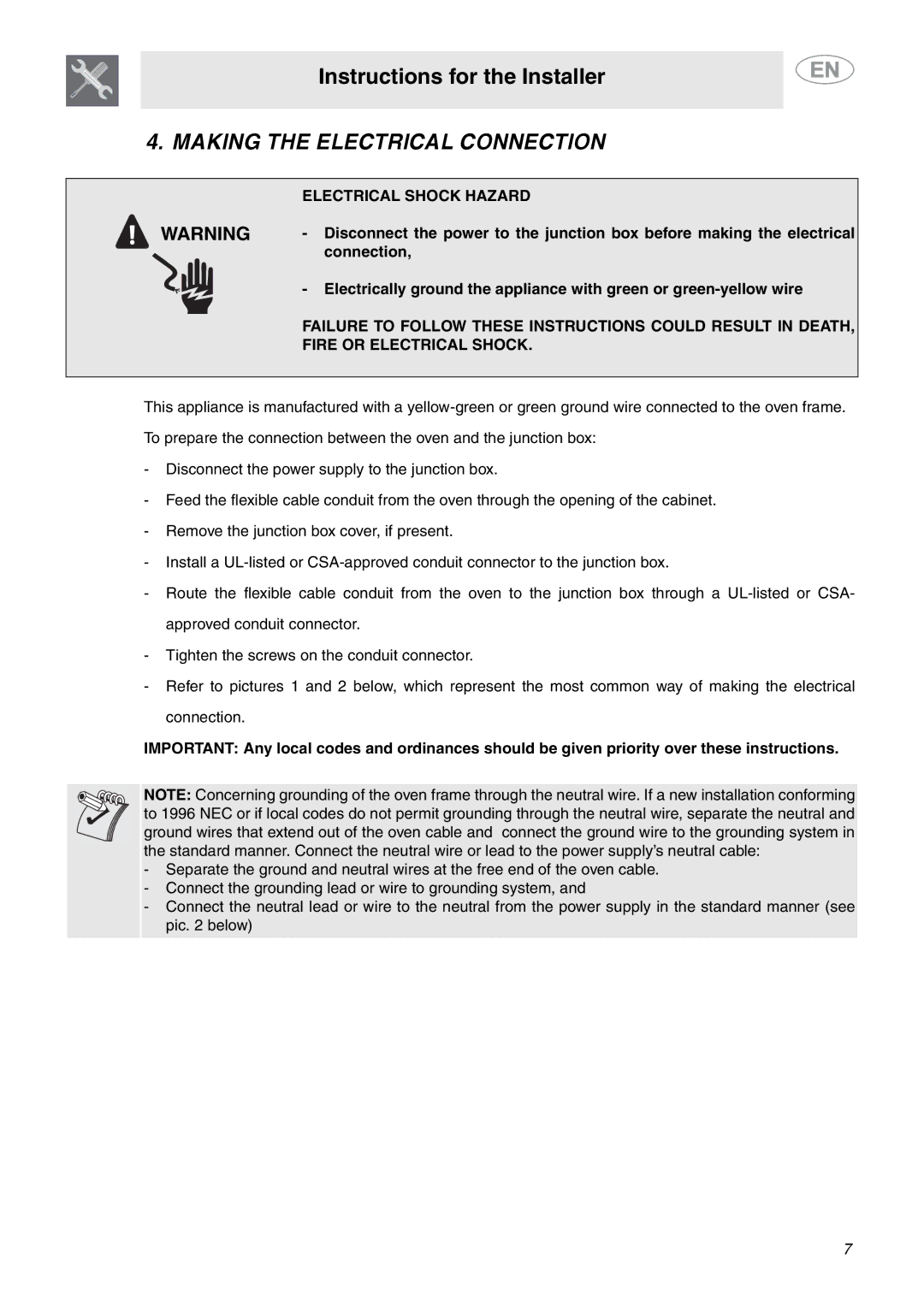 Smeg SC712U important safety instructions Making the Electrical Connection, Electrical Shock Hazard 