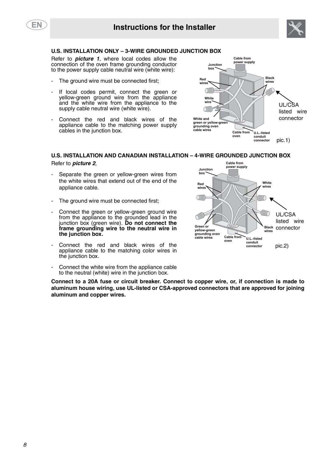 Smeg SC712U important safety instructions Installation only 3-WIRE Grounded Junction BOX 