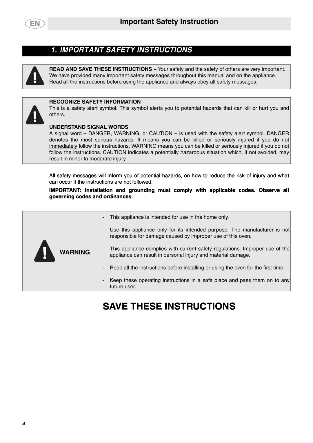 Smeg SC712U Important Safety Instruction, Recognize Safety Information, Understand Signal Words, Save These Instructions 