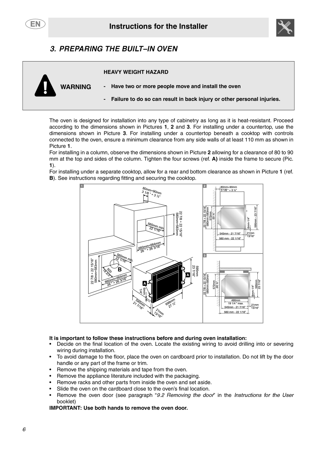 Smeg SC712U important safety instructions Instructions for the Installer, Preparing The Built-In Oven, Heavy Weight Hazard 