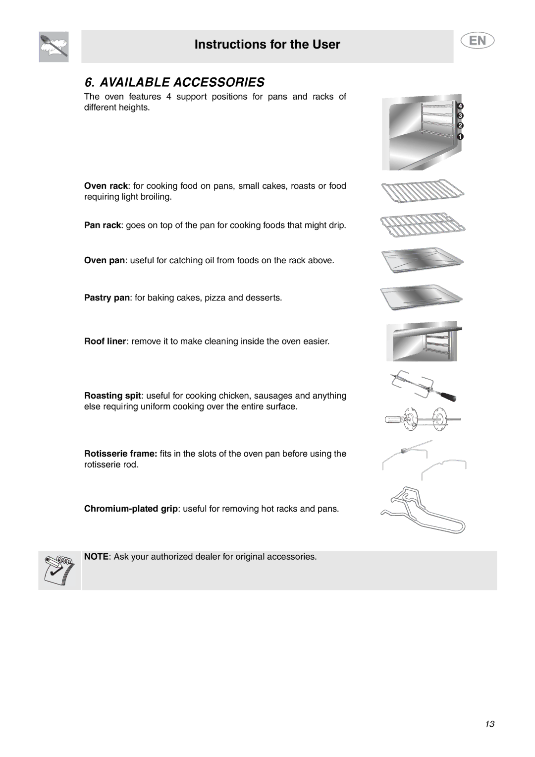 Smeg SC770U important safety instructions Available Accessories 