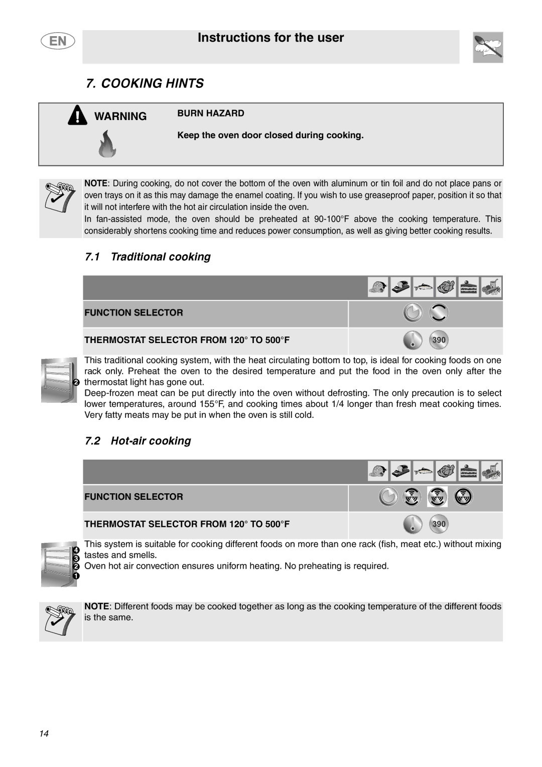 Smeg SC770U Cooking Hints, Traditional cooking, Hot-air cooking, Keep the oven door closed during cooking 