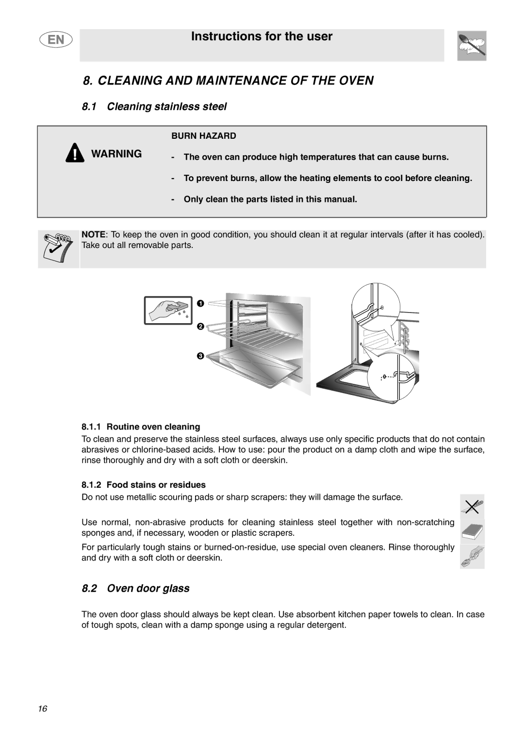 Smeg SC770U Cleaning and Maintenance of the Oven, Cleaning stainless steel, Oven door glass, Food stains or residues 