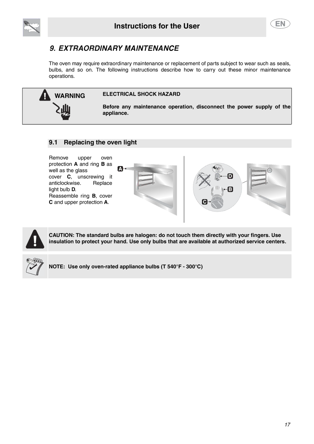 Smeg SC770U important safety instructions Extraordinary Maintenance, Electrical Shock Hazard 