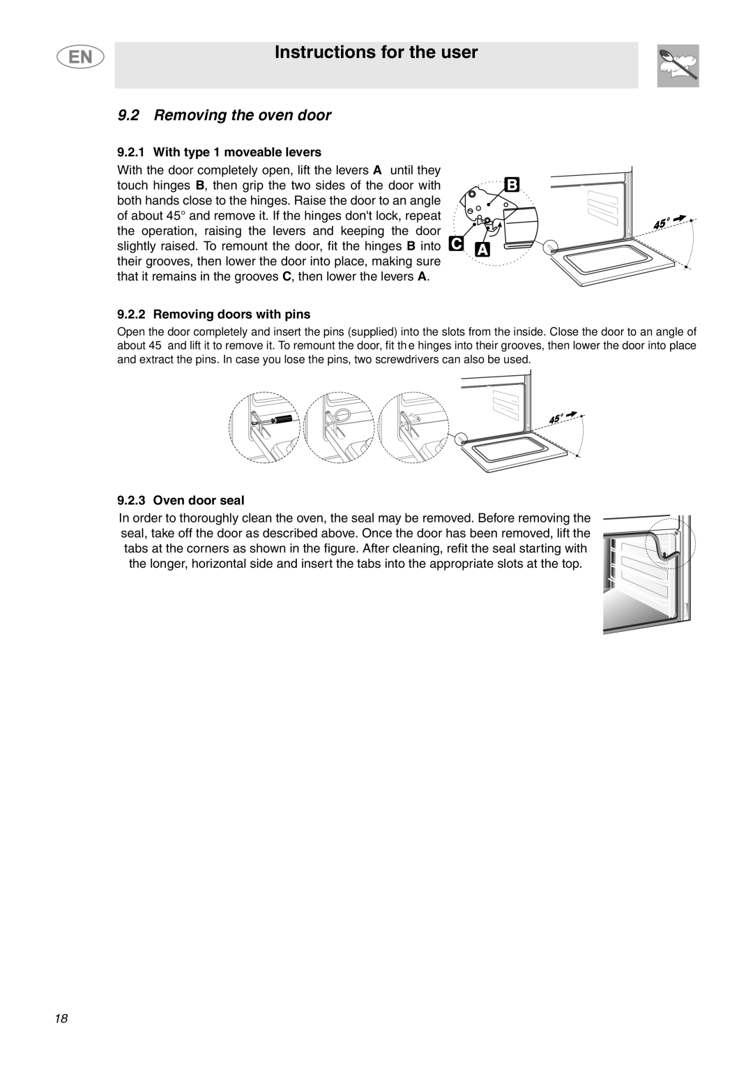 Smeg SC770U Removing the oven door, With type 1 moveable levers, Removing doors with pins, Oven door seal 