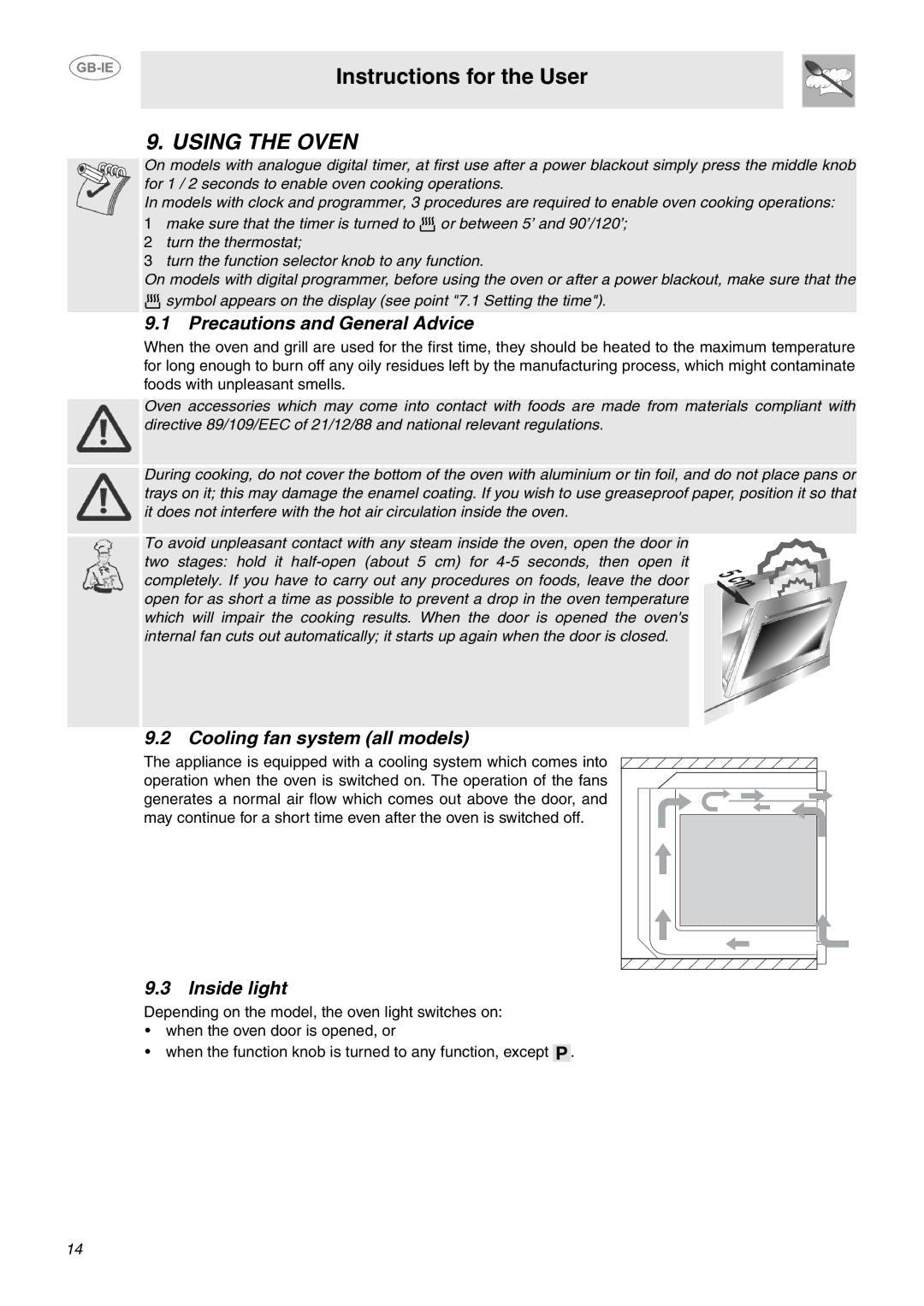 Smeg SCA130P, SCA311XP manual Using the Oven, Precautions and General Advice, Cooling fan system all models, Inside light 