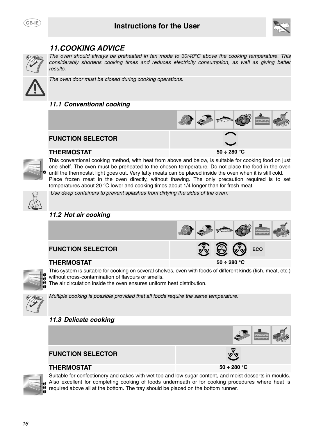 Smeg SCA130P, SCA311XP manual Cooking Advice, Conventional cooking, Hot air cooking, Delicate cooking, 50 ÷ 280 C 