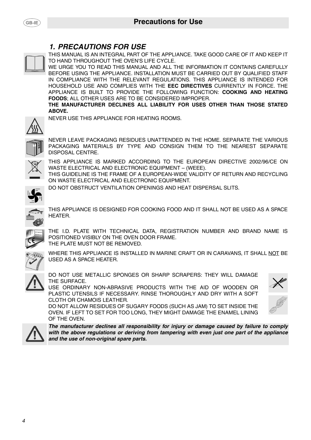 Smeg SCA130P, SCA311XP manual Precautions for USE 